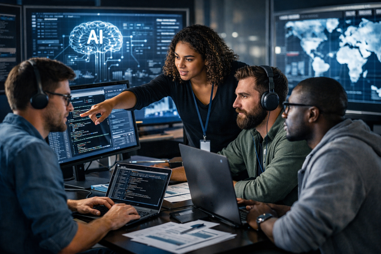 Equipe trabalhando com Inteligência Artificial